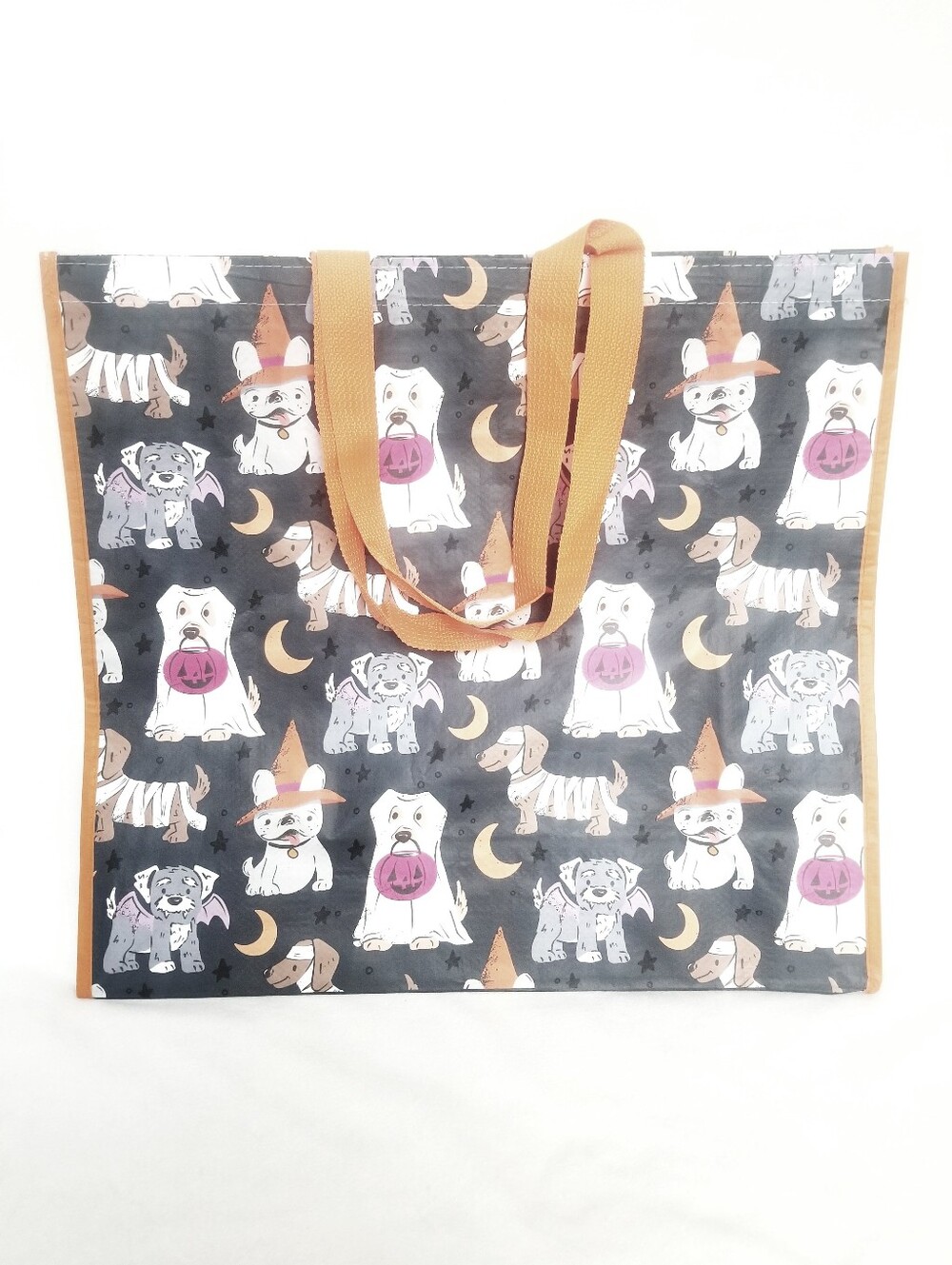 Halloween Dog Pattern Reusable Tote Bag - Orange Handles